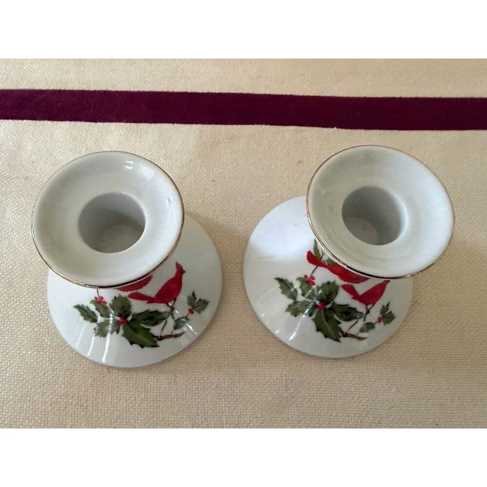 Vintage Lefton China Porcelain Candleholders Cardinal and Holly Berry Set of 2